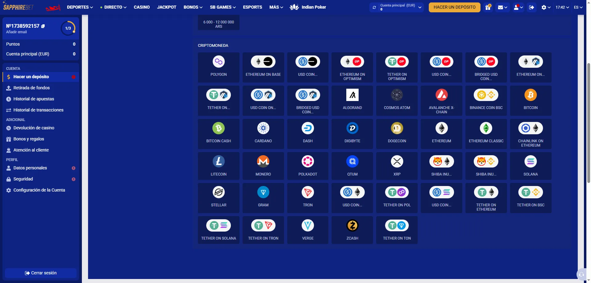 Métodos de depósito y retiro en SapphireBet Casino para Perú
