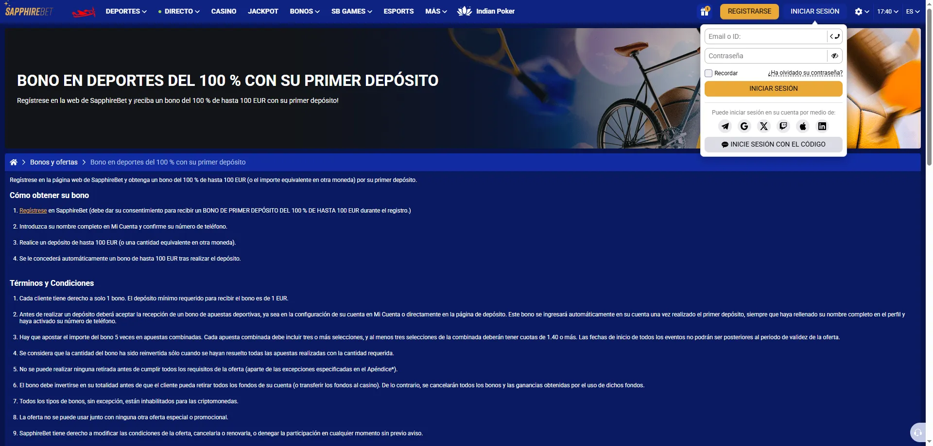 Inicio de sesión en SapphireBet Casino cuenta de jugador Perú